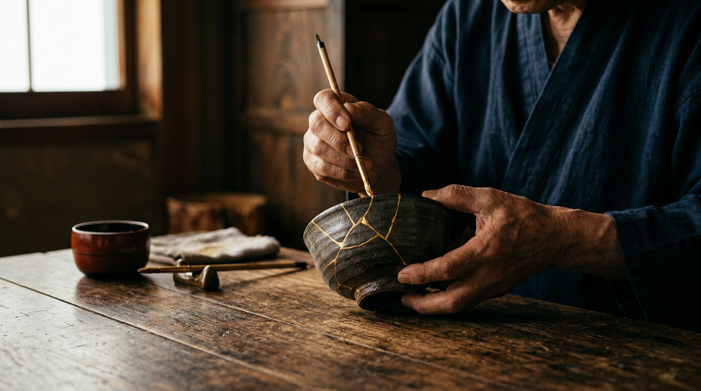 金継ぎで丁寧に修復されている日本の陶器の碗。柔らかな自然光が金の線を照らし、不完全さを受け入れ修復することの美しさを表現している。