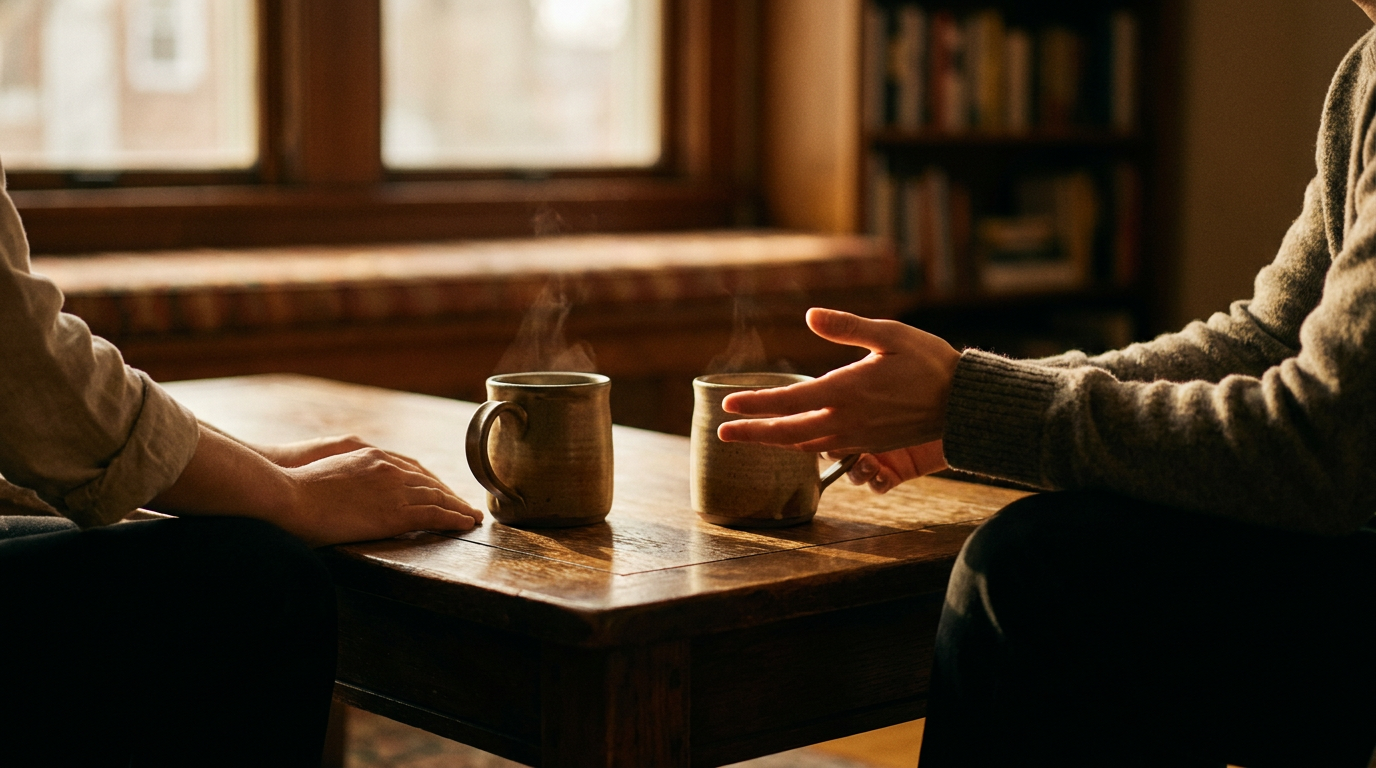 Las manos de dos personas en una mesa durante una conversación tranquila, ilustrando el concepto de comunicación asertiva en las relaciones.