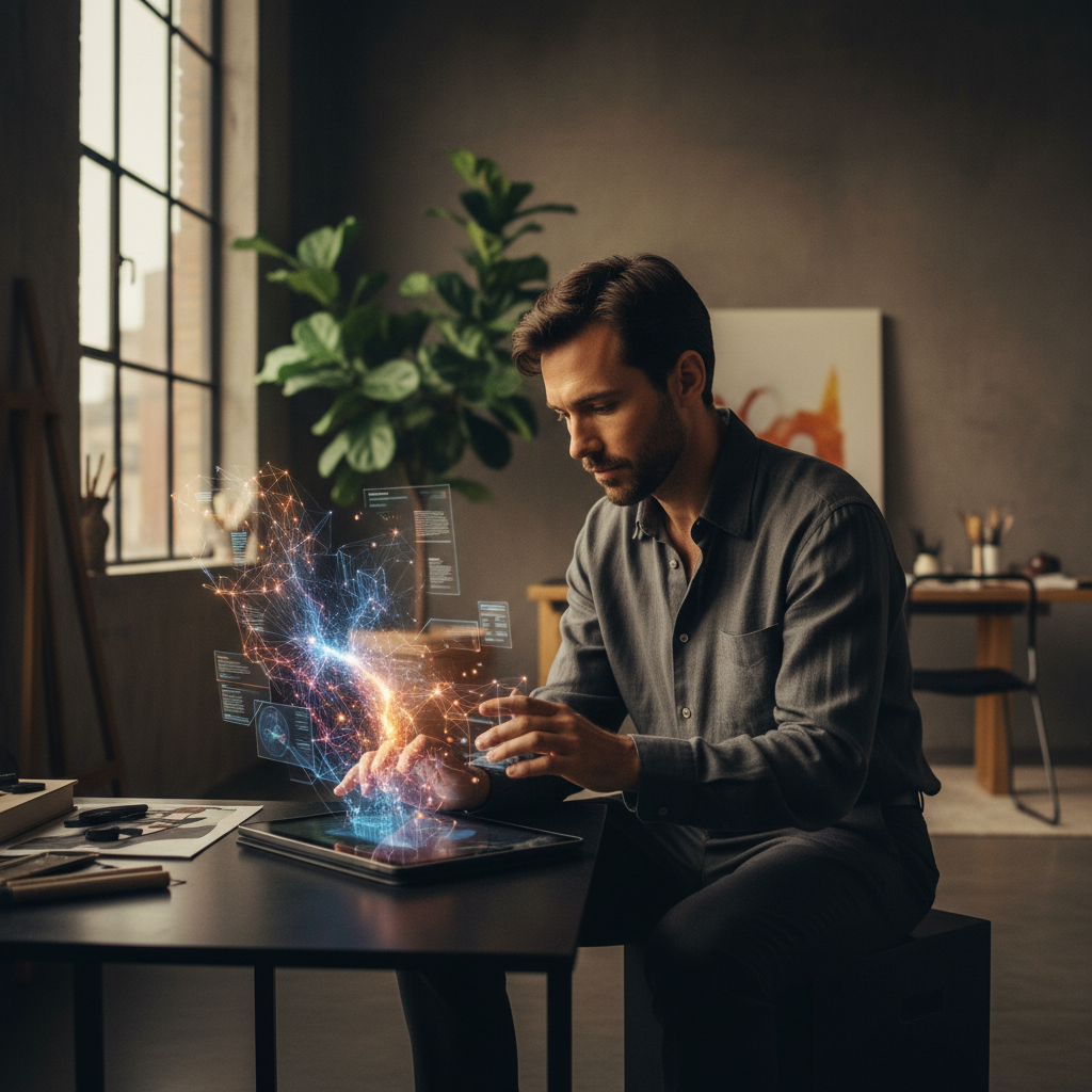 Un créateur utilisant une tablette dans son studio, illustrant le concept de collaborateur créatif IA pour améliorer son travail artistique.