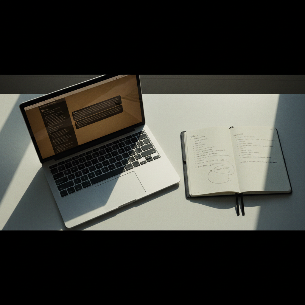 Una scrivania con un laptop e un taccuino che illustra il concetto di AI task prioritization per riorganizzare una lista di cose da fare.