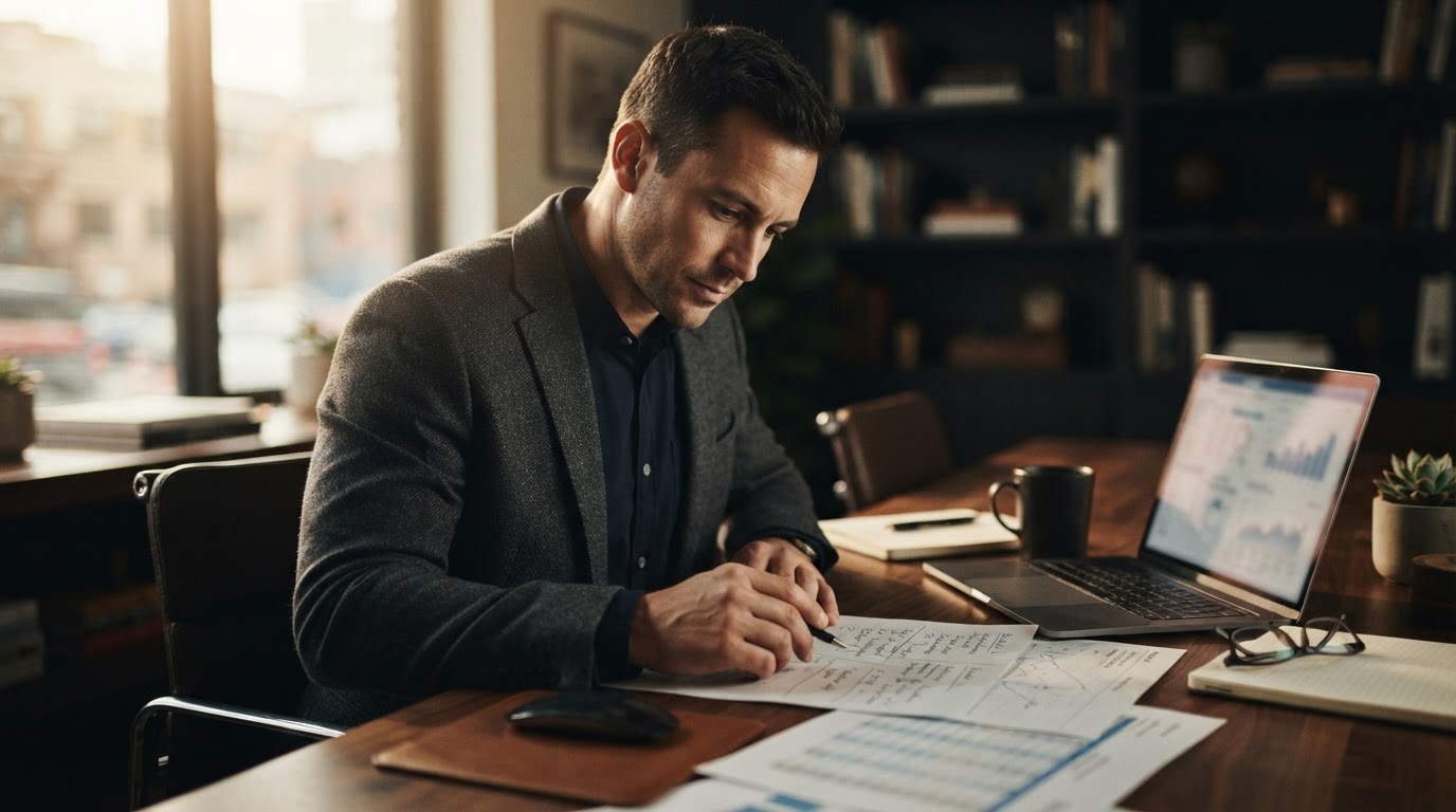 Человек проверяет контрольный список перехода side hustle to full time, сидя за столом с ноутбуком и документами.