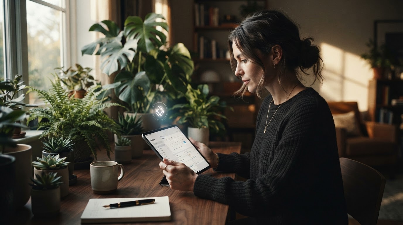 Donna sorridente che usa un AI schedule assistant su un tablet, circondata da piante e luce naturale, simboleggiando equilibrio.