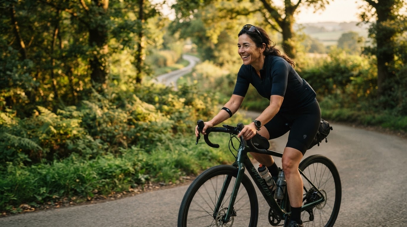 Una persona di mezza età sorride mentre pedala all'aperto, godendosi l'allenamento di cardio Zona 2 in un paesaggio verde.