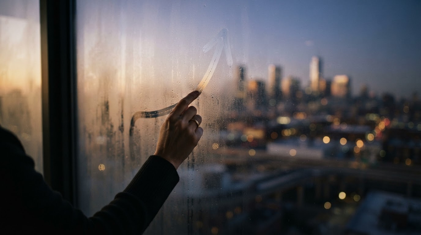 一名成年人伸出手,在布满雾气的窗户上画出向上的箭头,象征着成长型思维的转变。