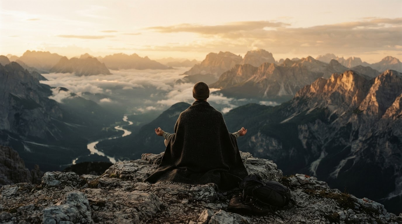 Silenziosa figura medita all'alba su una vetta montana, simbolo di pratiche spirituali personali e scoperta interiore.