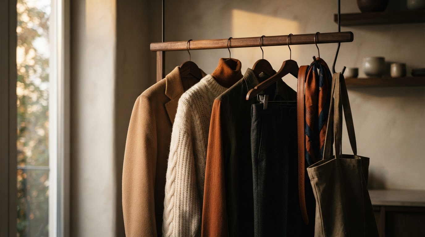 Eine saisonale Capsule Garderobe Herbst, minimalistisch und in warmen Tönen, hängt ordentlich vor einem Fenster.