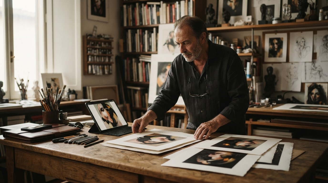 Un artista italiano che cura meticolosamente il suo portfolio artisti digitale e fisico in uno studio ben illuminato.