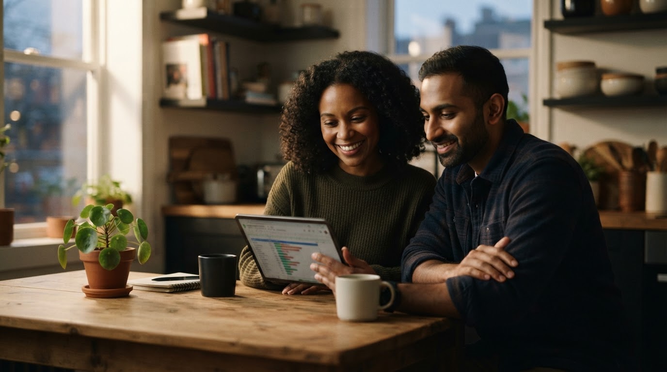 Diverse stel in de dertig bestudeert een budget spreadsheet op een tablet, bezig met gezamenlijk budgetteren