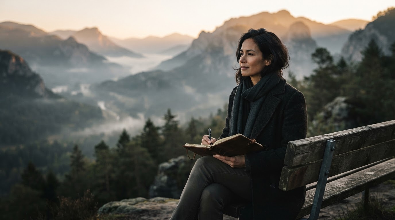 Pessoa em meditação profunda, refletindo sobre o exercício do elogio fúnebre num ambiente natural e tranquilo.