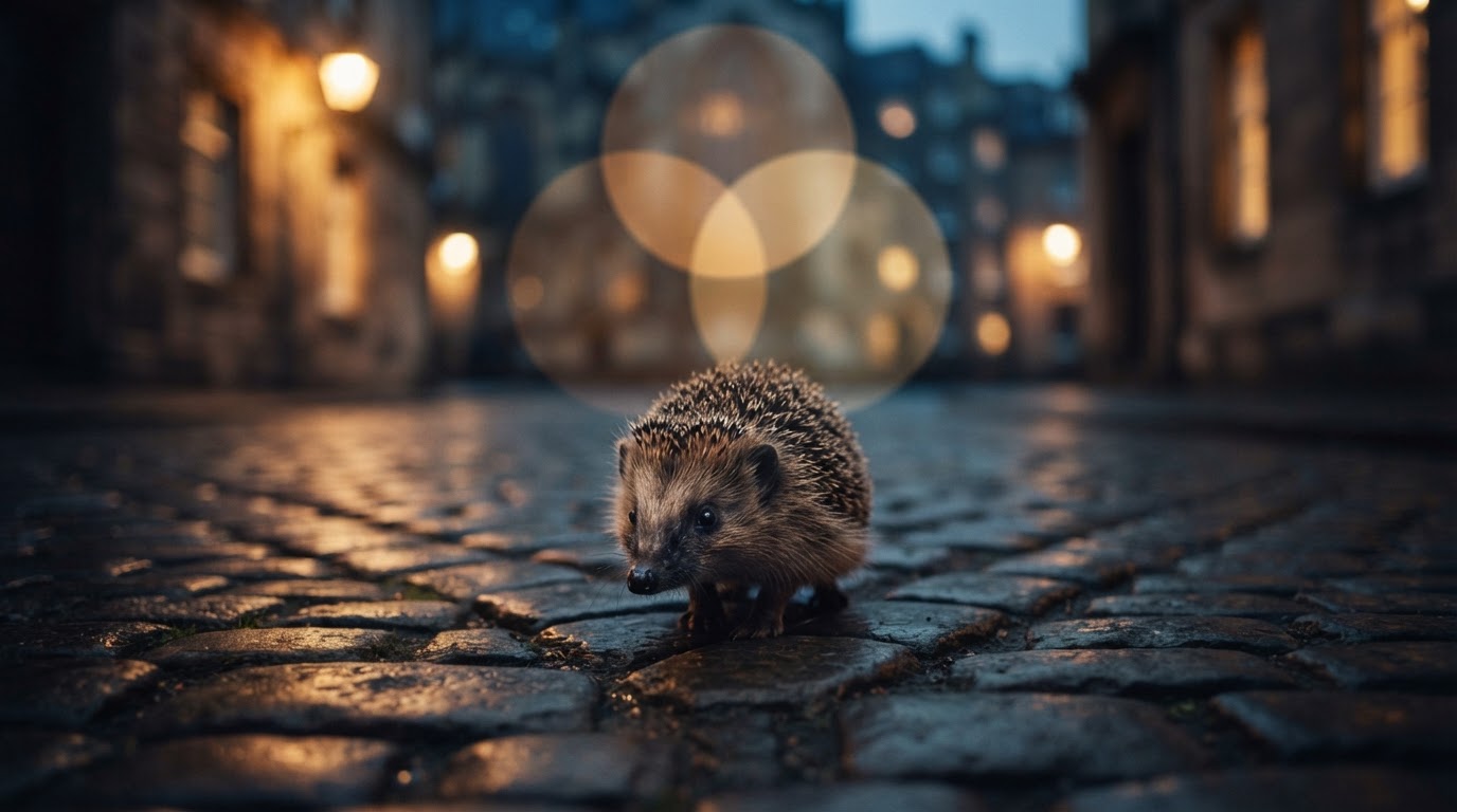 Un erizo pensativo en una encrucijada, simbolizando la búsqueda del hedgehog concept profesional y el propósito.