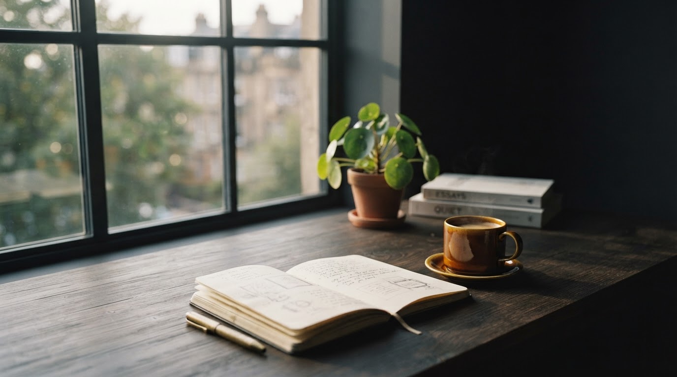 Minimalistyczne biurko z otwartym notatnikiem i długopisem, symbolizujące morning pages korzyści naukowe.