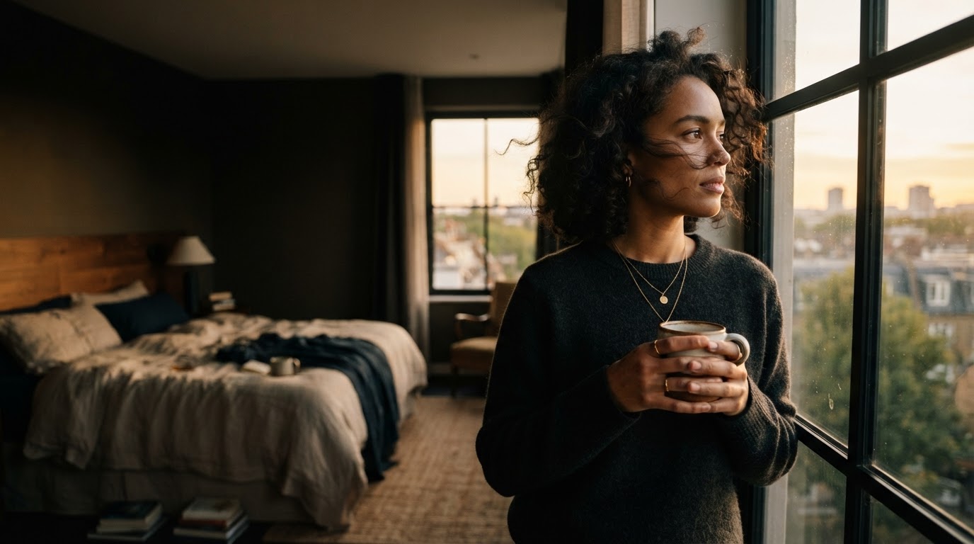A person enjoying a sun-drenched morning by a window, demonstrating the benefits of a morning light checklist for well-being.