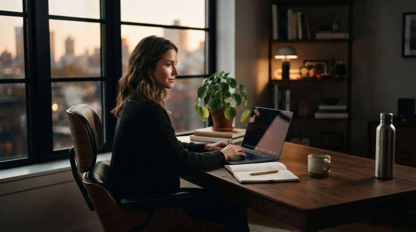 Een opgeruimde, lichte werkomgeving die een gunstig omgevingsontwerp voor gewoontes toont, met focus op welzijn en productiviteit.