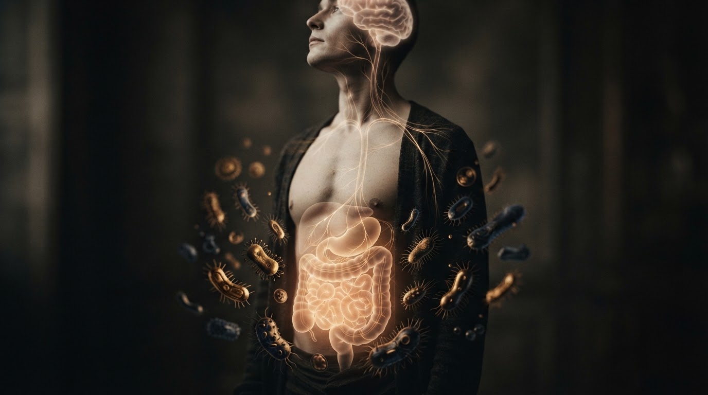 Illustrazione stilizzata dell'asse intestino-cervello con connessioni neurali tra intestino e cervello.