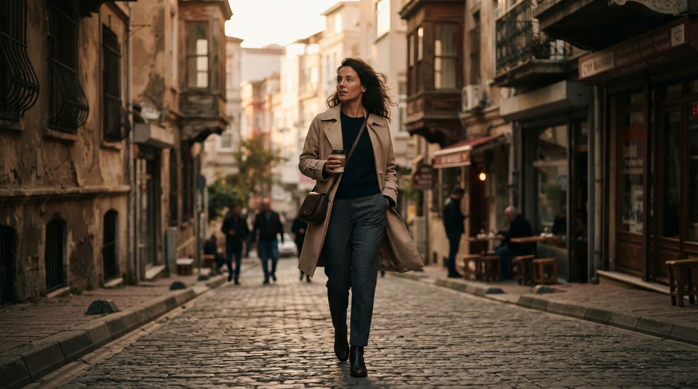 İstanbul'da Ağustos/Eylül kapsül gardırop parçalarıyla kombinlenmiş şık bir kadın yürüyor.