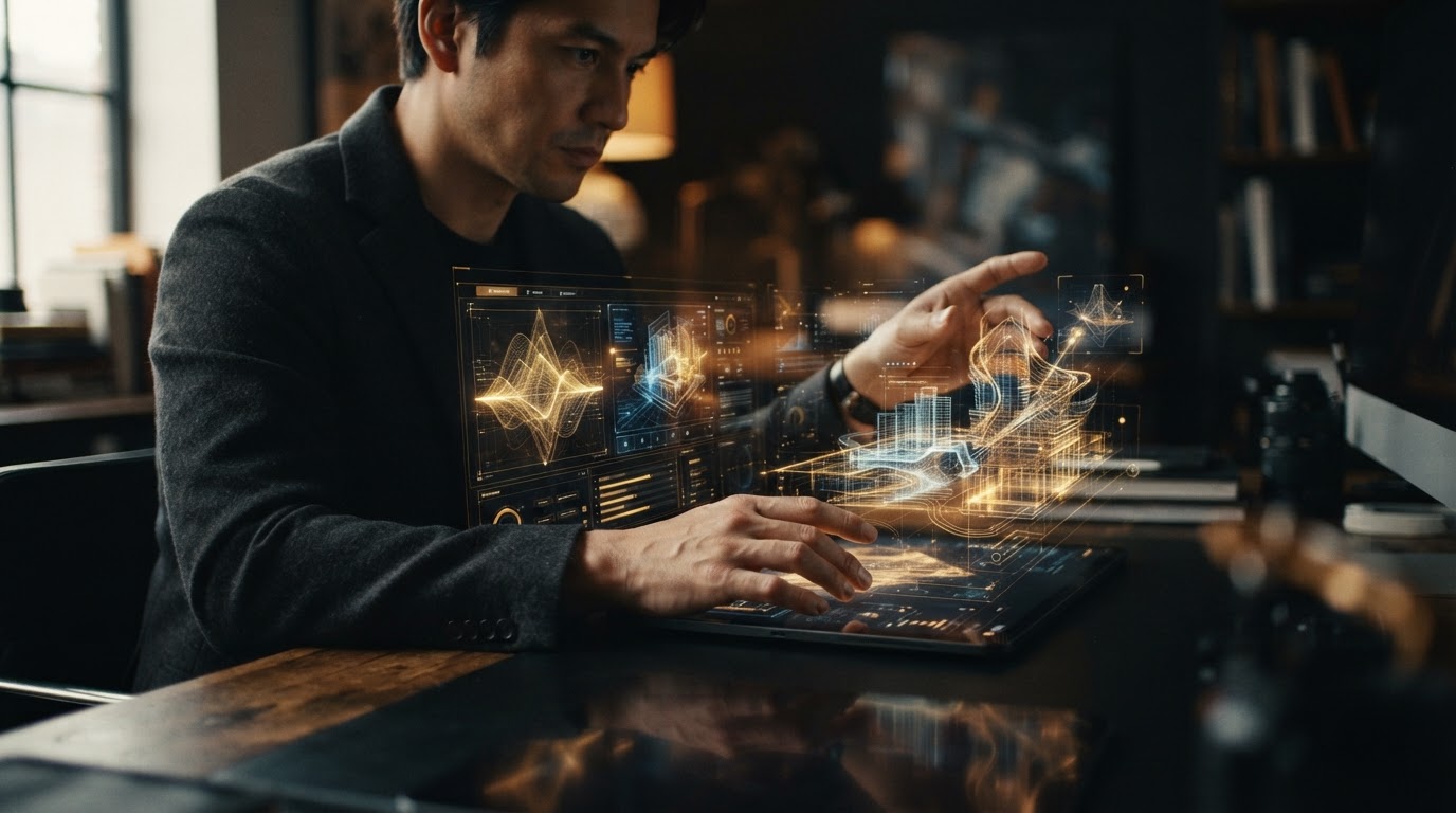 Hands interacting with a futuristic interface, demonstrating AI rapid prototyping in a creative design studio.